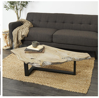 GRAY TEAK WOOD HANDMADE LIVE EDGE WOOD SLAB COFFEE TABLE WITH BLACK T STAND BASE, 50" X 32" X 15"