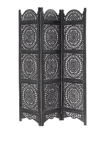 BLACK WOOD FLORAL HANDMADE HINGED FOLDABLE PARTITION 3 PANEL ROOM DIVIDER SCREEN WITH INTRICATELY CARVED DESIGNS, 60" X 1" X 72