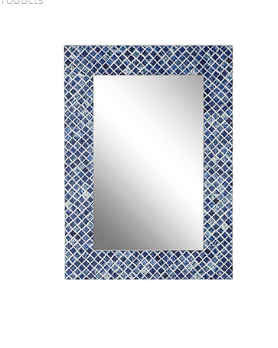 BLUE WOOD QUATREFOIL WALL MIRROR WITH BONE INLAY, 26" X 1" X 36"