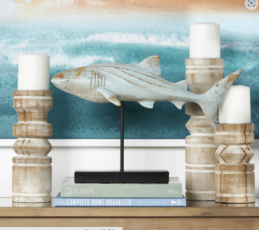 LIGHT BLUE POLYSTONE SHARK CARVED SCULPTURE WITH WOOD INSPIRED ACCENTS AND BLACK BASE, 17" X 7" X 12"