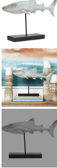 LIGHT BLUE POLYSTONE SHARK CARVED SCULPTURE WITH WOOD INSPIRED ACCENTS AND BLACK BASE, 17" X 7" X 12"