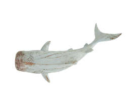 LIGHT BLUE POLYSTONE SHARK DISTRESSED CARVED SCULPTURE WITH BROWN WOOD INSPIRED ACCENTS