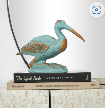 TEAL POLYSTONE BIRD DISTRESSED SCULPTURE WITH BROWN WOOD INSPIRED ACCENTS, 3" X 11" X 7
