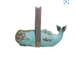 TEAL POLYSTONE WHALE DISTRESSED BOOKENDS WITH BROWN WOOD INSPIRED ACCENTS, SET OF 2 4"W, 4"H