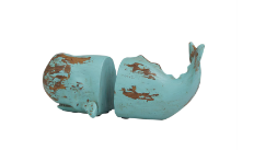 TEAL POLYSTONE WHALE DISTRESSED BOOKENDS WITH BROWN WOOD INSPIRED ACCENTS, SET OF 2 4"W, 4"H