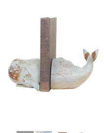 TEAL POLYSTONE WHALE DISTRESSED BOOKENDS WITH BROWN WOOD INSPIRED ACCENTS, SET OF 2 4"W, 4"H