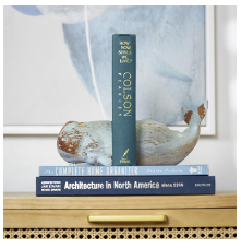 TEAL POLYSTONE WHALE DISTRESSED BOOKENDS WITH BROWN WOOD INSPIRED ACCENTS, SET OF 2 4"W, 4"H