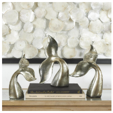 SILVER POLYSTONE WHALE SCULPTURE WITH VARIOUS SIZED TAILS AND COPPER DISTRESSING