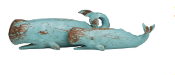 TEAL POLYSTONE WHALE DISTRESSED SCULPTURE WITH BROWN WOOD INSPIRED ACCENTS