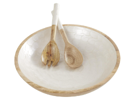 CREAM MANGO WOOD HANDMADE DECORATIVE BOWL WITH MATCHING SALAD SERVING UTENSILS, SET OF 3 15", 11", 11"W