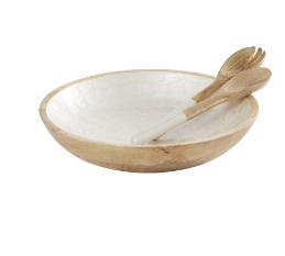 CREAM MANGO WOOD HANDMADE DECORATIVE BOWL WITH MATCHING SALAD SERVING UTENSILS, SET OF 3 15", 11", 11"W