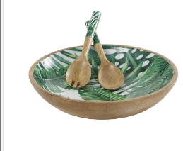 GREEN MANGO WOOD HANDMADE DECORATIVE BOWL WITH MATCHING SALAD SERVING UTENSILS, SET OF 3 15", 11", 11"W