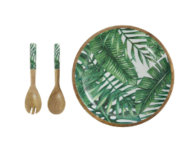 GREEN MANGO WOOD HANDMADE DECORATIVE BOWL WITH MATCHING SALAD SERVING UTENSILS, SET OF 3 15", 11", 11"W