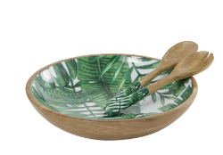 GREEN MANGO WOOD HANDMADE DECORATIVE BOWL WITH MATCHING SALAD SERVING UTENSILS, SET OF 3 15", 11", 11"W