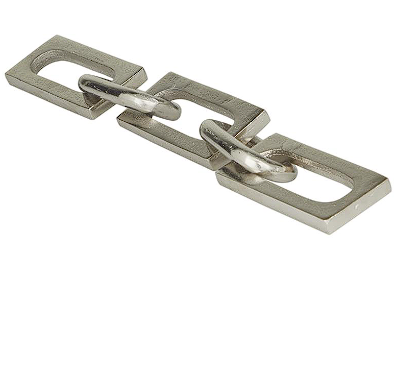COSMOLIVING BY COSMOPOLITAN SILVER ALUMINUM CHAIN SCULPTURE, 18" X 3" X 2"