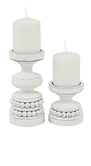 WOOD BEADED PILLAR CANDLE HOLDER, SET OF 2 8", 4"H