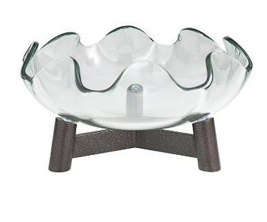 CLEAR GLASS FLORAL INSPIRED SERVING BOWL WITH BRONZE HAMMERED Y-SHAPED STAND, 15" X 15" X 9"
