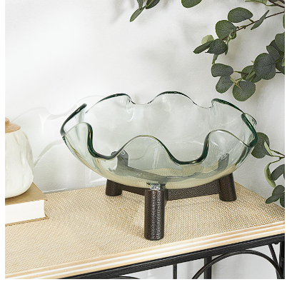 CLEAR GLASS FLORAL INSPIRED SERVING BOWL WITH BRONZE HAMMERED Y-SHAPED STAND, 15" X 15" X 9"
