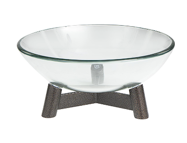 CLEAR GLASS SERVING BOWL WITH BRONZE HAMMERED Y-SHAPED STAND, 16" X 16" X 9"