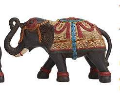 MULTI COLORED POLYSTONE ELEPHANT DECORATED SCULPTURE WITH INTRICATE CARVINGS AND FLORAL DESIGNS,