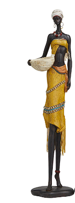 YELLOW POLYSTONE PEOPLE HANDMADE AFRICAN WOMAN SCULPTURE WITH WATER JUGS AND JEWELED DETAILS