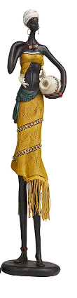 YELLOW POLYSTONE PEOPLE HANDMADE AFRICAN WOMAN SCULPTURE WITH WATER JUGS AND JEWELED DETAILS