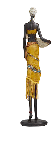 YELLOW POLYSTONE PEOPLE HANDMADE AFRICAN WOMAN SCULPTURE WITH WATER JUGS AND JEWELED DETAILS