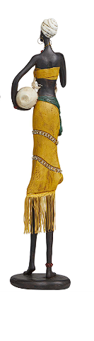 YELLOW POLYSTONE PEOPLE HANDMADE AFRICAN WOMAN SCULPTURE WITH WATER JUGS AND JEWELED DETAILS