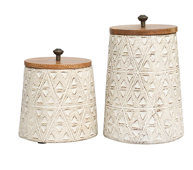 CREAM PAPER MACHE TRIBAL HANDMADE CARVED TRIANGLE CANISTERS WITH BROWN REMOVABLE LIDS AND ANTIQUE KNOBS