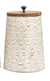 CREAM PAPER MACHE TRIBAL HANDMADE CARVED TRIANGLE CANISTERS WITH BROWN REMOVABLE LIDS AND ANTIQUE KNOBS