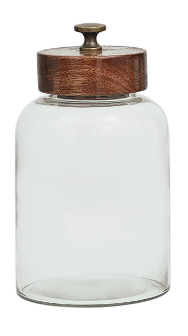 CLEAR GLASS CANISTERS WITH BROWN REMOVABLE LIDS AND ANTIQUE KNOBS,
