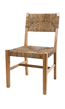 LIGHT BROWN TEAK WOOD HANDMADE ACCENT CHAIR WITH WOVEN BANANA LEAF SEAT,