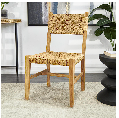 LIGHT BROWN TEAK WOOD HANDMADE ACCENT CHAIR WITH WOVEN BANANA LEAF SEAT,