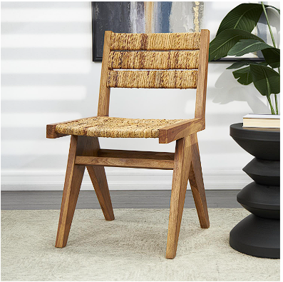 LIGHT BROWN TEAK WOOD HANDMADE MID-CENTURY ACCENT CHAIR WITH WRAPPED BANANA LEAF SEAT