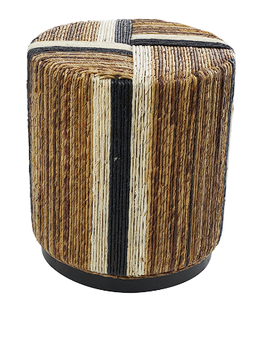 BROWN BANANA LEAF HANDMADE LINEAR WRAPPED ACCENT TABLE WITH CREAM AND BLACK STRIPES, 16" X 16" X 18"