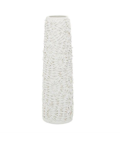 WHITE CERAMIC FLORAL EMBOSSED VASE, 6" X 6" X 21"