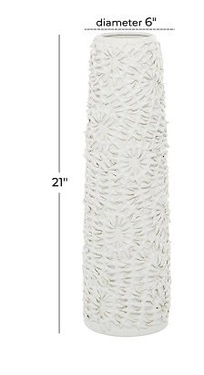 WHITE CERAMIC FLORAL EMBOSSED VASE, 6" X 6" X 21"