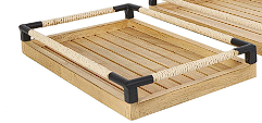 BROWN WOOD SLATTED TRAY WITH ELEVATED WOVEN SIDES AND BLACK METAL CORNERS