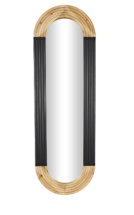 WOODEN OVAL WALL MIRROR WITH DIMENSIONAL CARVED FRAME AND BLACK DETAILING