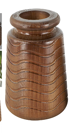 BROWN WOOD VASE WITH CARVED WAVY DESIGNS
