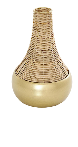 BROWN RATTAN HANDMADE WOVEN VASE WITH GOLD METAL BASE, 7" X 7" X 11"
