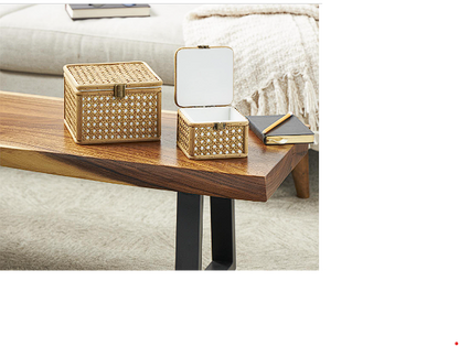 BROWN RATTAN HANDMADE WOVEN RATTAN BOX WITH BRONZE LATCHES