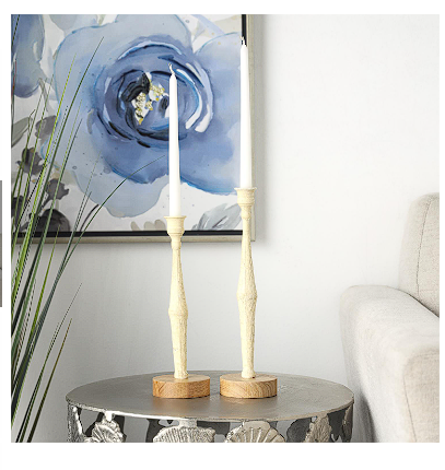 CREAM METAL TEXTURED TAPERED CANDLE HOLDER WITH BROWN WOOD BASES, SET OF 2 13", 11"H
