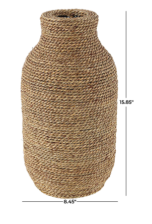 BROWN SEAGRASS HANDMADE WRAPPED VASE, 8" X 8" X 16"