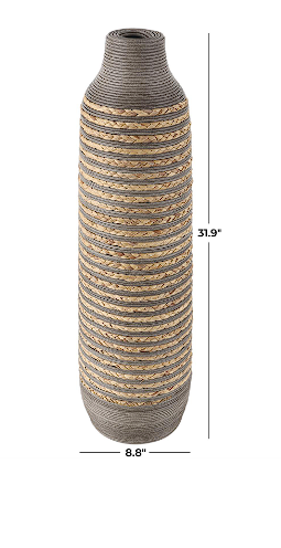 BROWN SEAGRASS HANDMADE BRAIDED VASE WITH LAYERED GRAY PANELING, 9" X 9" X 32"