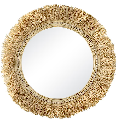 LIGHT BROWN SEAGRASS WALL MIRROR WITH FRINGE DETAILING, 35" X 1" X 35"