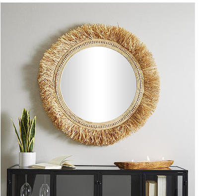 LIGHT BROWN SEAGRASS WALL MIRROR WITH FRINGE DETAILING, 35" X 1" X 35"