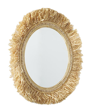 LIGHT BROWN SEAGRASS WALL MIRROR WITH FRINGE DETAILING, 35" X 1" X 35"