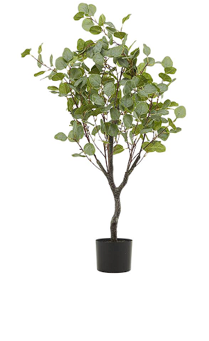 GREEN FAUX FOLIAGE EUCALYPTUS ARTIFICIAL TREE WITH BLACK PLASTIC POT, 27" X 27" X 41"