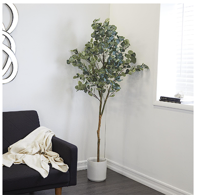 GREEN FAUX FOLIAGE EUCALYPTUS ARTIFICIAL TREE WITH BLACK PLASTIC POT, 45" X 45" X 70"